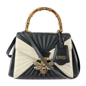GUCCI Queen Margaret top handle bamboo black White calf shoulder bag bee motif